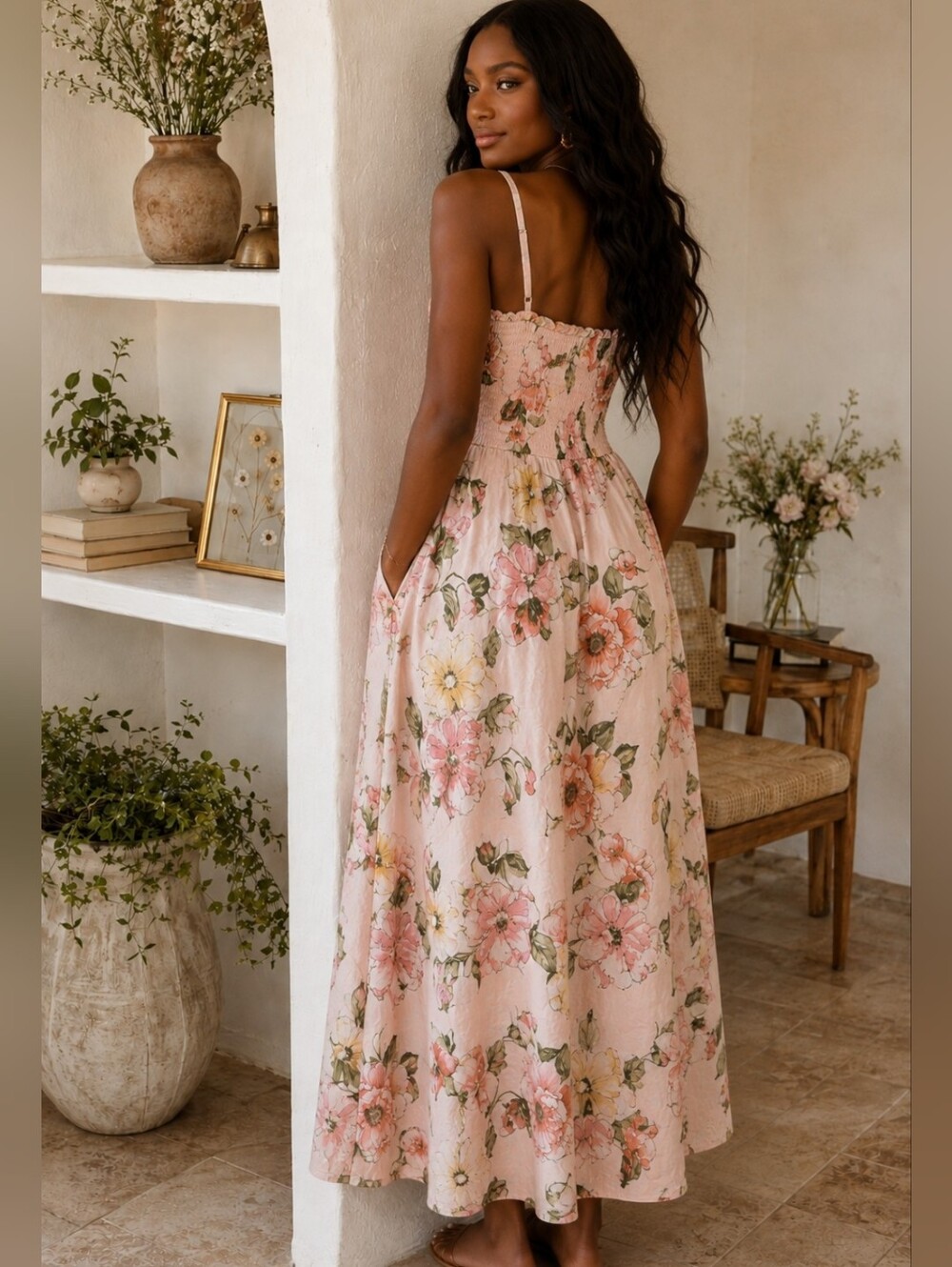 Joie Floral Smocked Maxi Dress Pink Yellow Size S Cottagecore Sundress Pockets - Picture 9 of 13